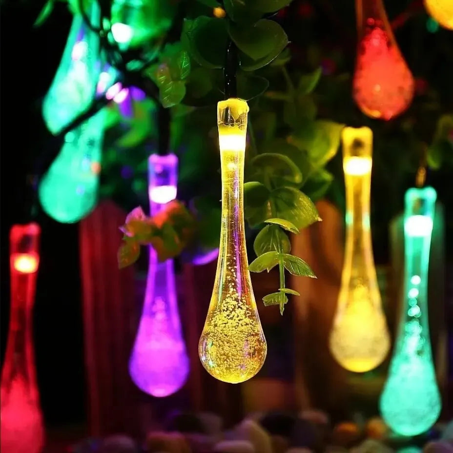 Solar-powered dew drop string lights for garden, waterproof LED decorative lighting for outdoor areas