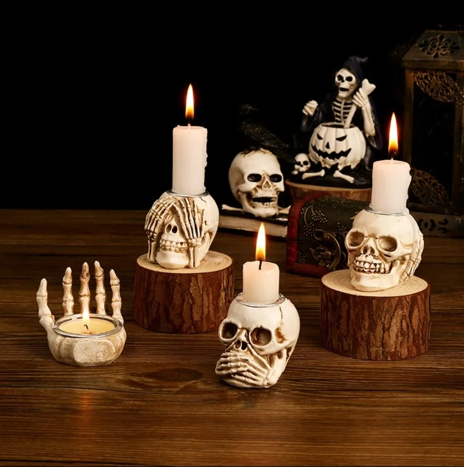 GothicGlow 3pc Halloween Skull Candle Holder Set