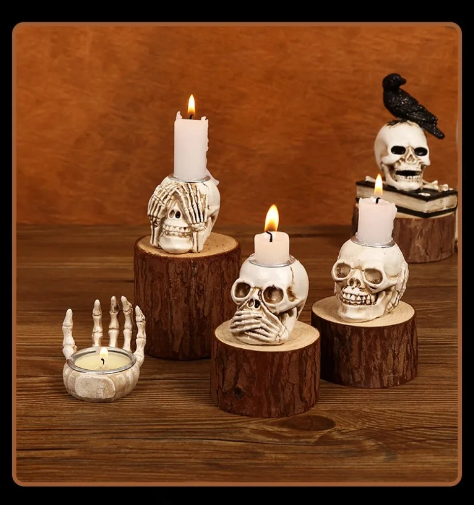 GothicGlow 3pc Halloween Skull Candle Holder Set