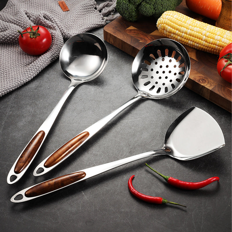 Stainless Steel Kitchen Utensil Set with Ergonomic Wooden Handles