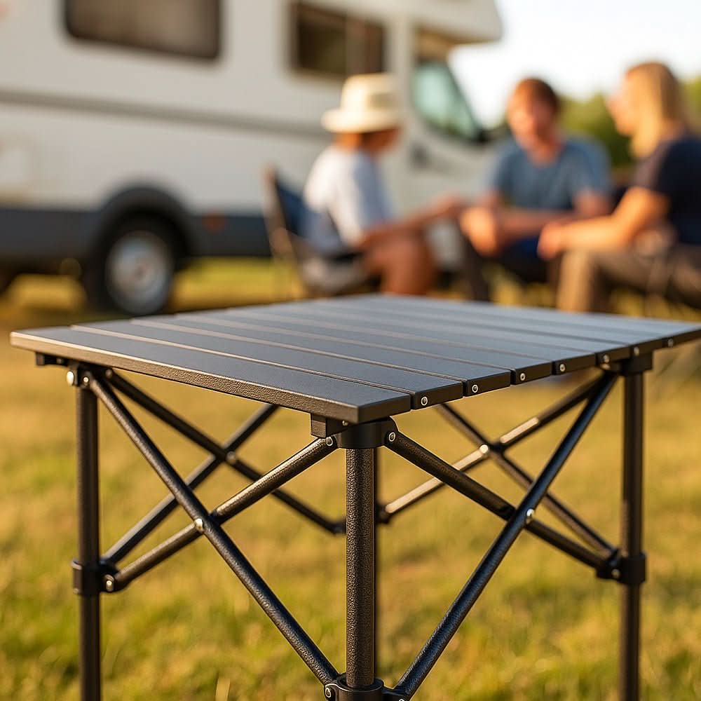 Foldable camping table with X-frame & heat-resistant surface