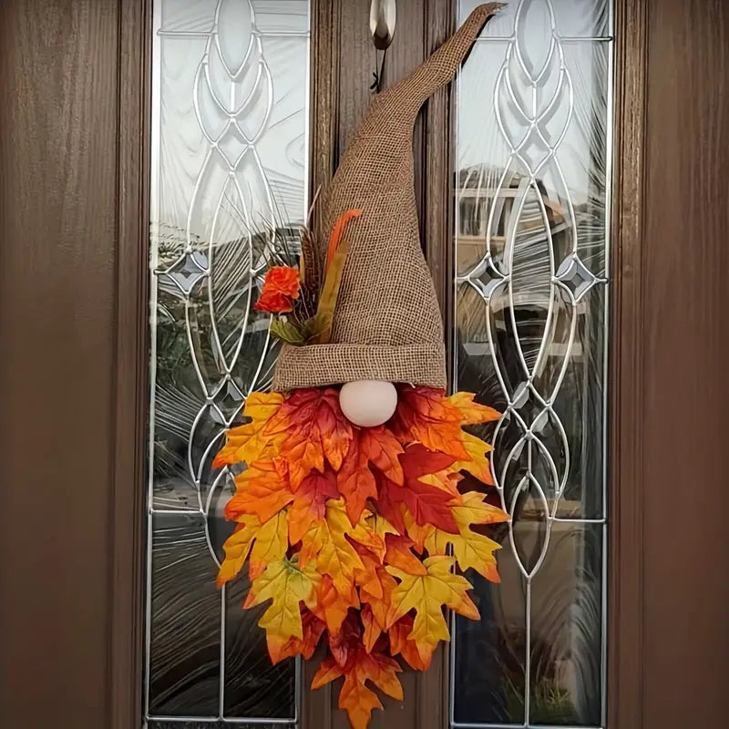 Halloween Front Door Wreath | Fall Gnome & Maple Leaf Design | 16-Inch Rustic Decor
