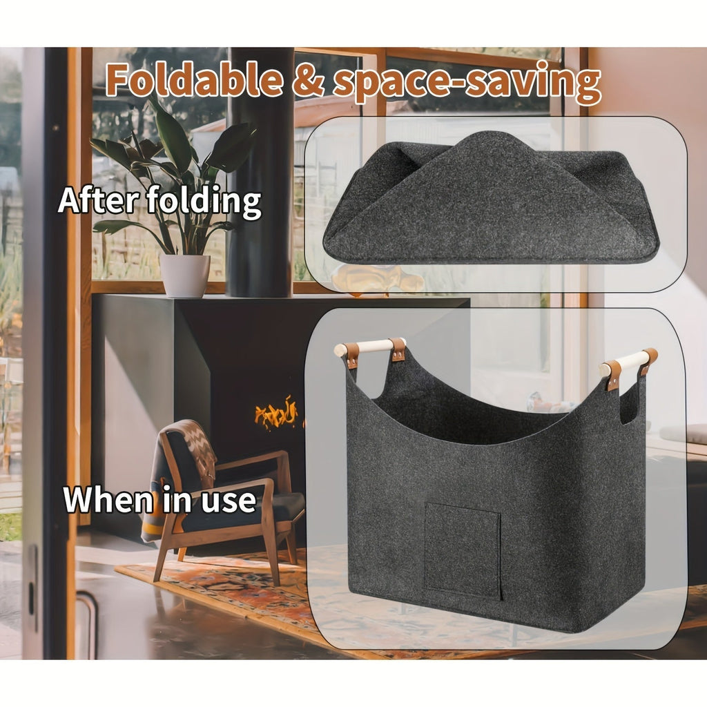 Felt log basket FELDURA | Collapsible | 55L volume | With wooden handles & leather details | Dark gray