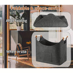 Felt log basket FELDURA | Collapsible | 55L volume | With wooden handles & leather details | Dark gray
