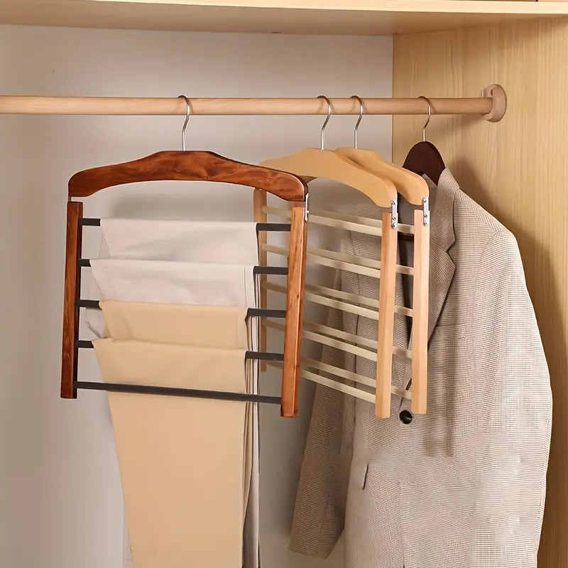 Space-saving wooden multi-pants hanger