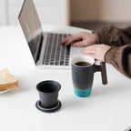 TeaCraft Ceramic Mug | Handmade | With Tea Infuser & Wooden Handle | Retro Design