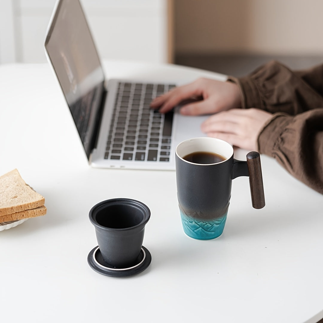 TeaCraft Ceramic Mug | Handmade | With Tea Infuser & Wooden Handle | Retro Design