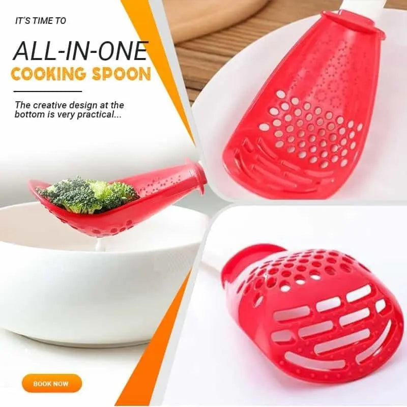 Multifunctional kitchen spoon for mashing and straining