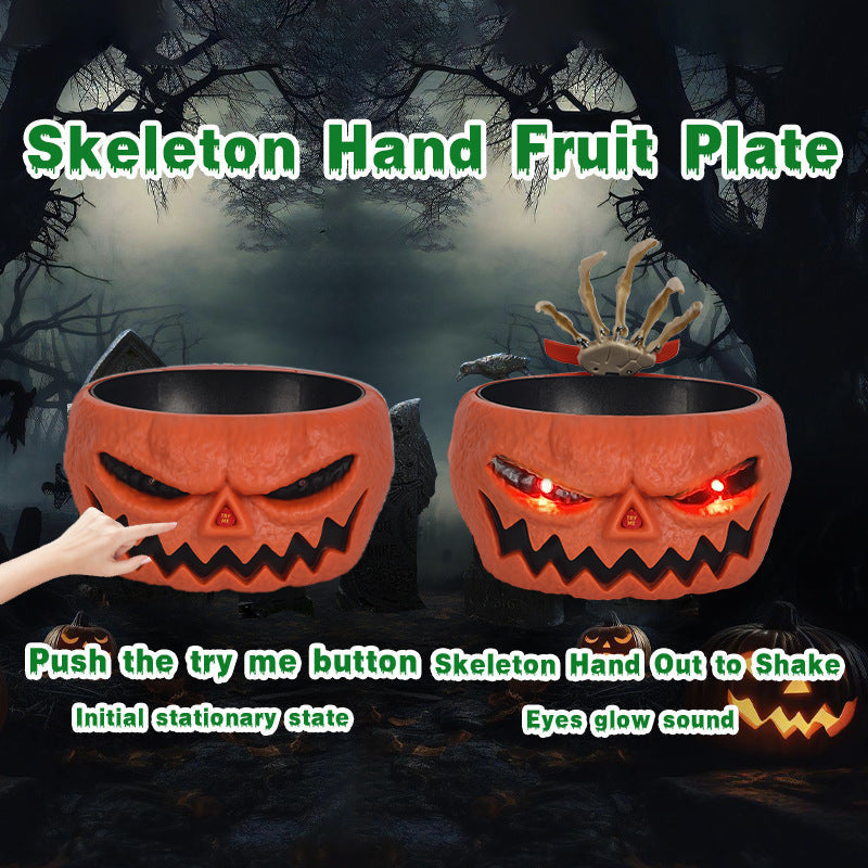 Halloween Candy Bowl – Motion Sensor Pumpkin Bowl with Skeleton Hand and Red Light Effects