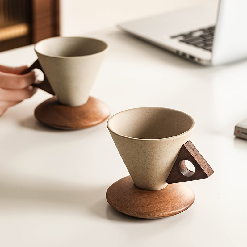 BaristaLuxe Ceramic Coffee Mug 250ml – Handcrafted with Wooden Handle and Saucer