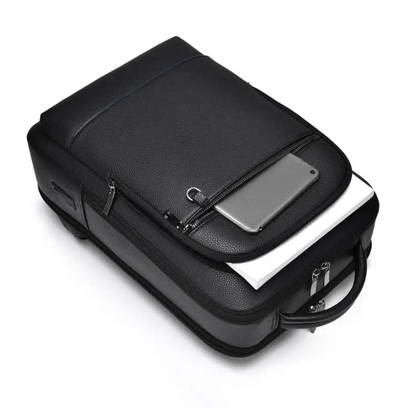 Elegant leather rucksack for men/women with USB port for laptop and everyday use, 15.6 inch, black