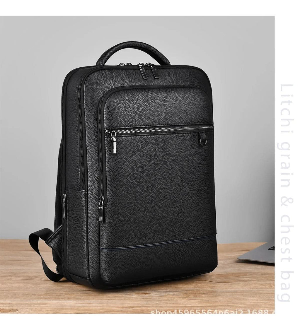 Elegant leather rucksack for men/women with USB port for laptop and everyday use, 15.6 inch, black