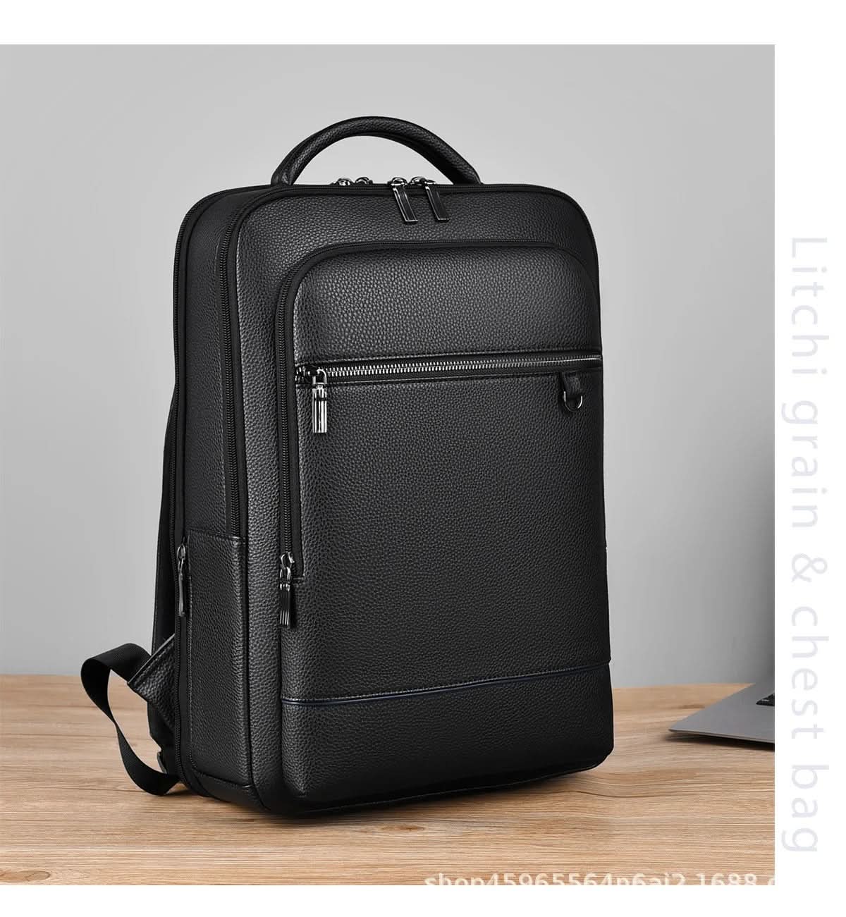 Elegant leather rucksack for men/women with USB port for laptop and everyday use, 15.6 inch, black