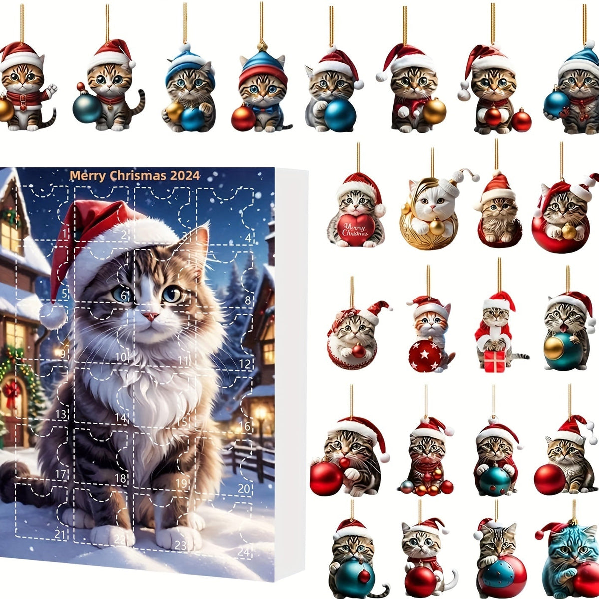 Vintage Cats Advent Calendar – 24-piece Christmas Calendar with Acrylic Hang Tags