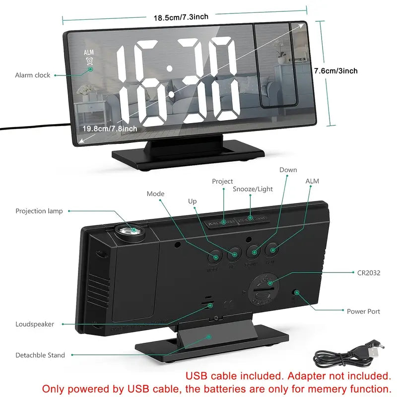 180° Adjustable LED Projection Alarm Clock – Snooze, 12/24H Time & Temperature Display, Mirror Design – USB Powered, Night Mode & Memory Function