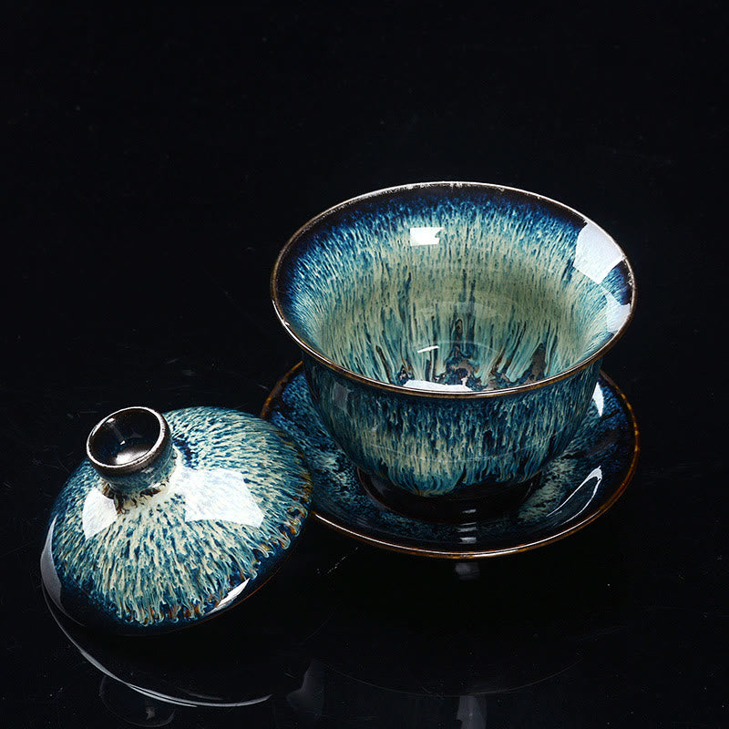 Vintage Kiln Ceramic Gaiwan Sancai Tea Cup Tea Cup and Saucer with Lid