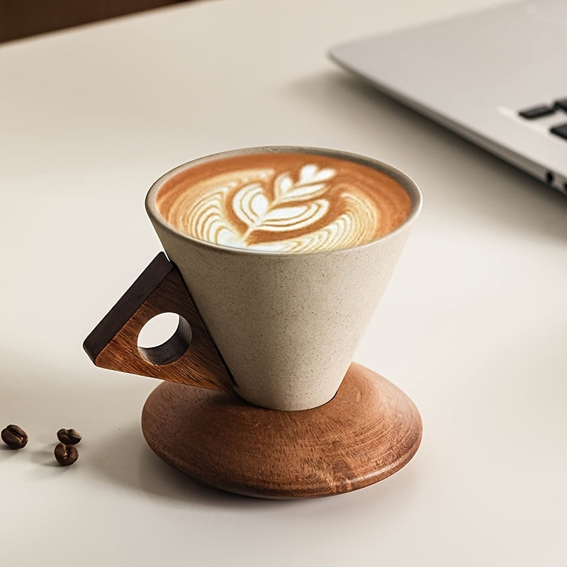 BaristaLuxe Ceramic Coffee Cup 250ml – Handmade with Wooden Handle and Coaster