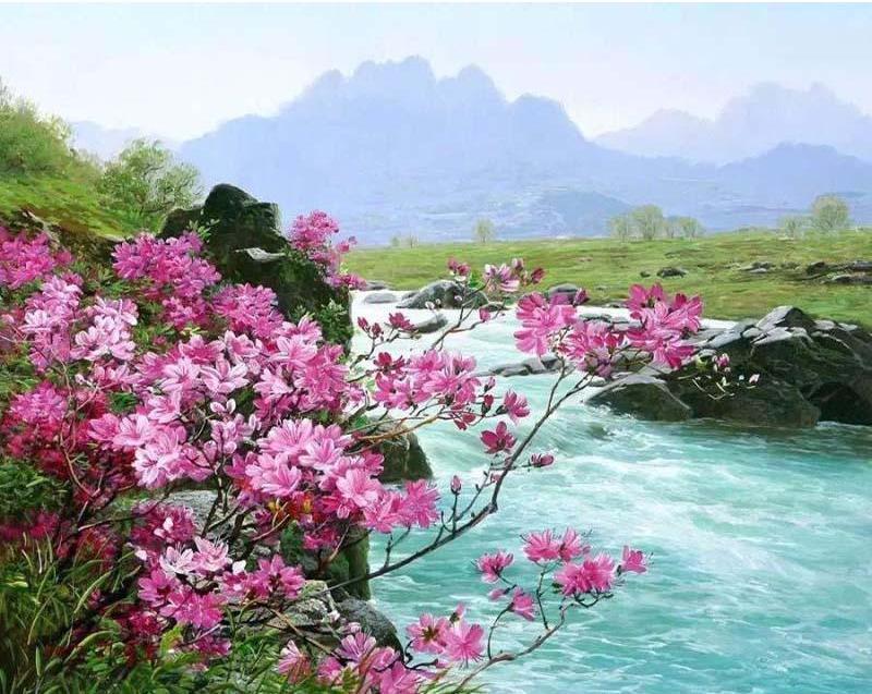 Flowers Alongside the Racing River - Van-Go Paint-By-Number Kit