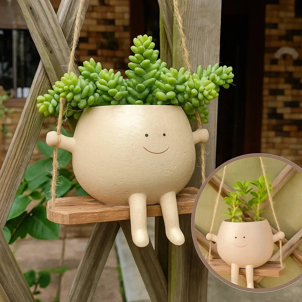 Hanging planter with smiling face