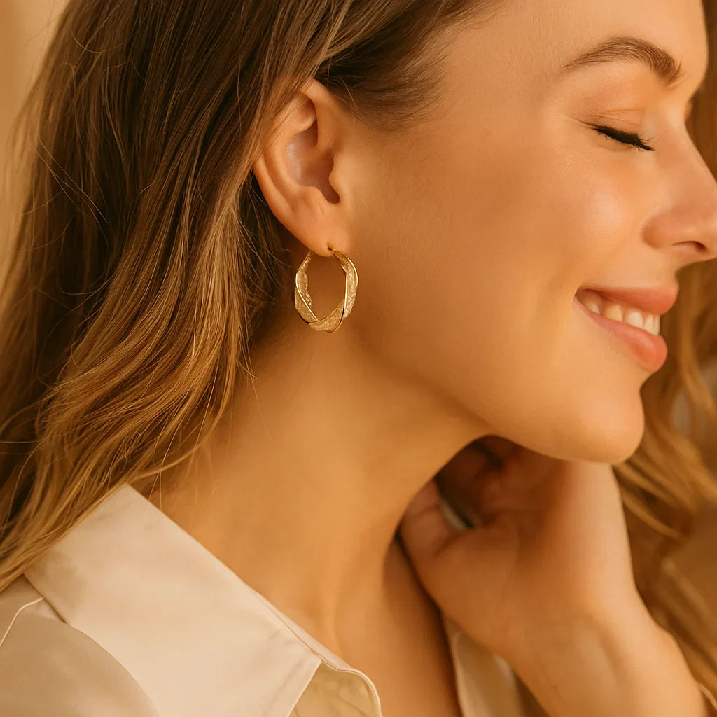 Elegant Gold Colored Twisted Hoop Earrings with Mesh Pattern