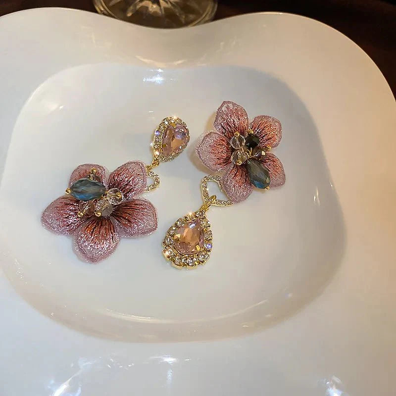 Asymmetrical Oriental Hibiscus Crystal Earrings