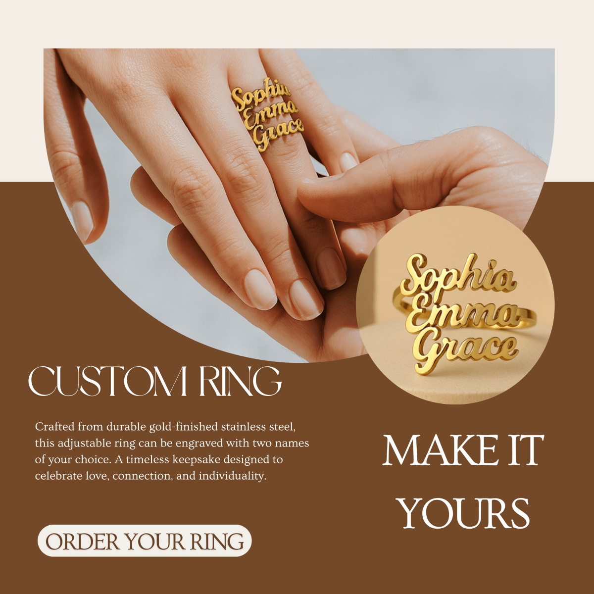 AURELION – Custom Adjustable Gold Stainless Steel Name Ring