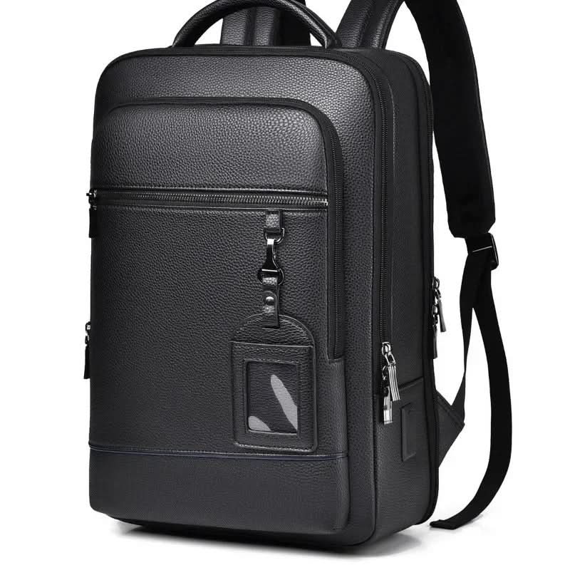 Elegant leather rucksack for men/women with USB port for laptop and everyday use, 15.6 inch, black