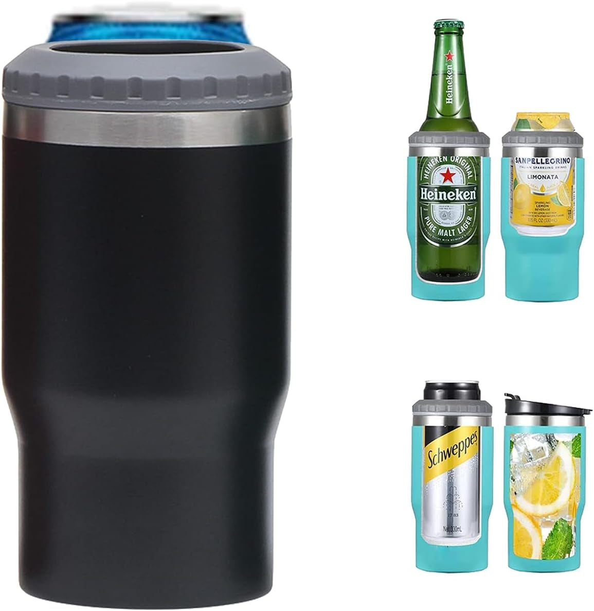 4 in 1 stainless steel can/bottle insulator, 14Oz two-way lid SUS insulated can cooler, beer bottle holder (Black)