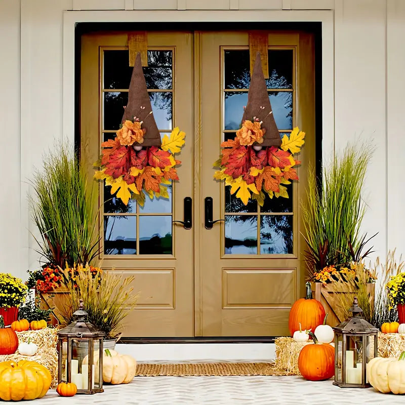 Halloween Front Door Wreath | Fall Gnome & Maple Leaf Design | 16-Inch Rustic Decor