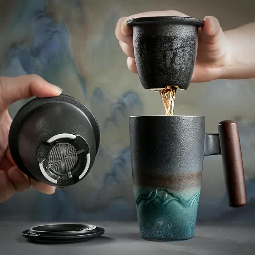 TeaCraft Ceramic Mug | Handmade | With Tea Infuser & Wooden Handle | Retro Design