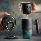 TeaCraft Ceramic Mug | Handmade | With Tea Infuser & Wooden Handle | Retro Design