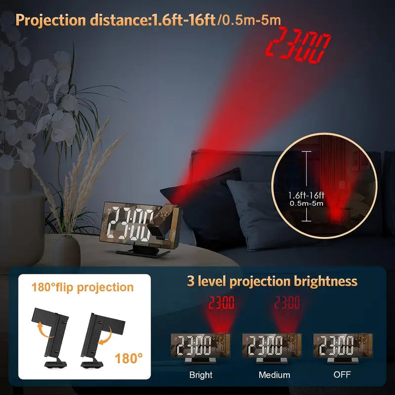 180° Adjustable LED Projection Alarm Clock – Snooze, 12/24H Time & Temperature Display, Mirror Design – USB Powered, Night Mode & Memory Function