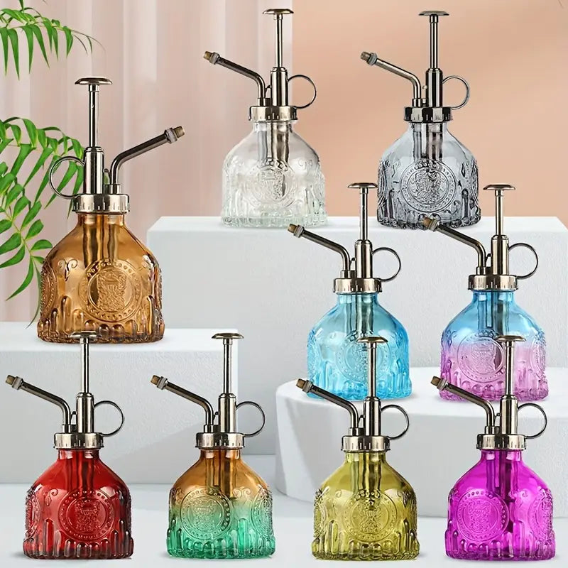 Embossed glass bottle with metal nozzle – Plant sprayer for flower watering in vintage design