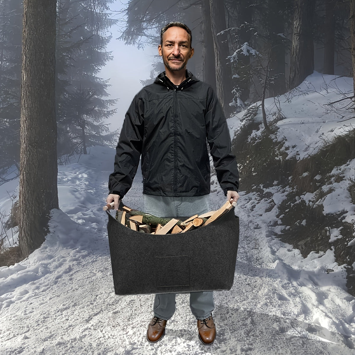 Felt log basket FELDURA | Collapsible | 55L volume | With wooden handles & leather details | Dark gray