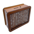 Wood savings box with engraved figures