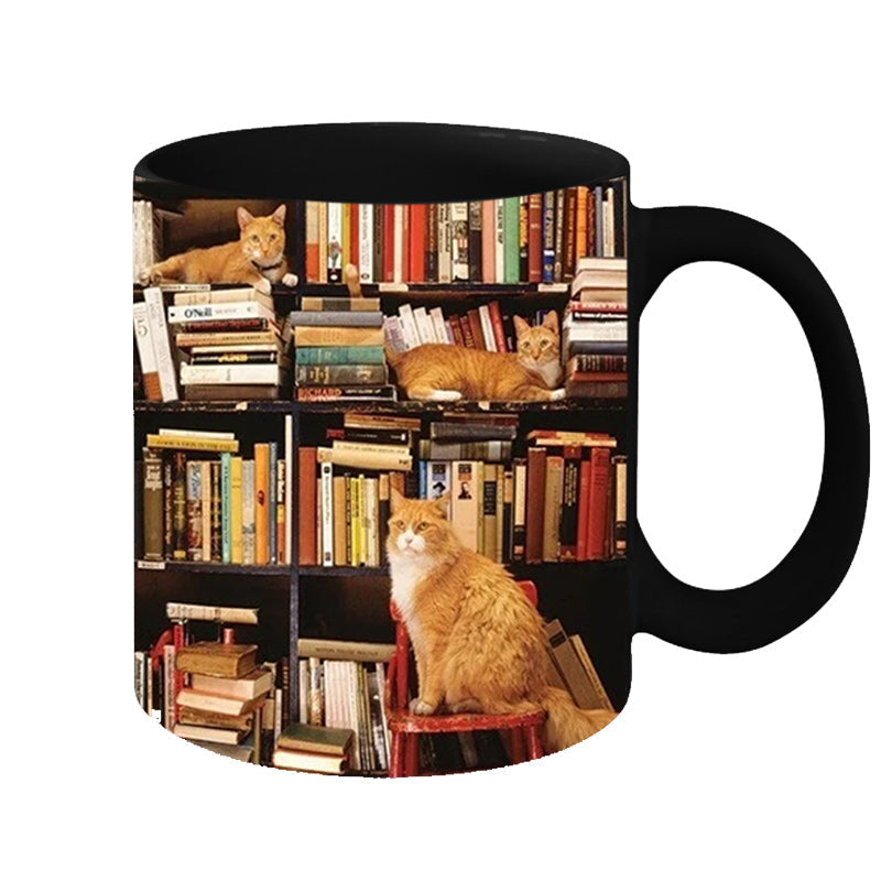Bookshelf Ceramic Coffee Mug - Gift for Cat Book Lovers