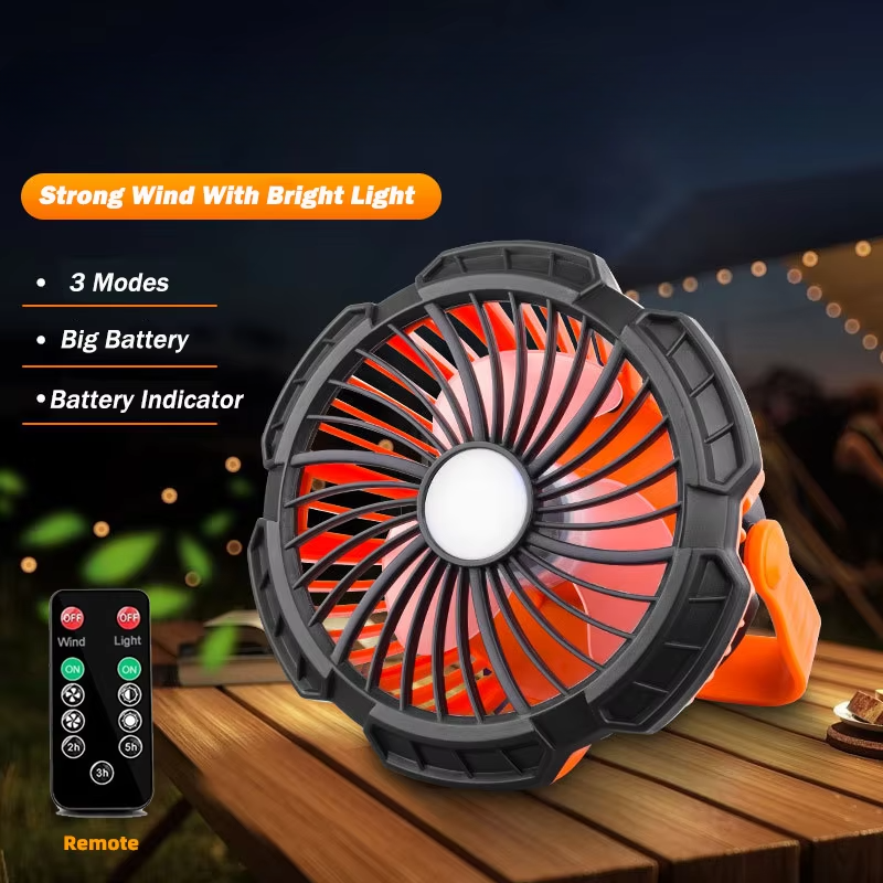 Rechargeable Camping Fan with LED Light, Remote Control and Hanging Hook