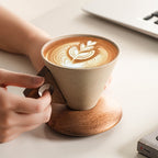 BaristaLuxe Ceramic Coffee Cup 250ml – Handmade with Wooden Handle and Coaster