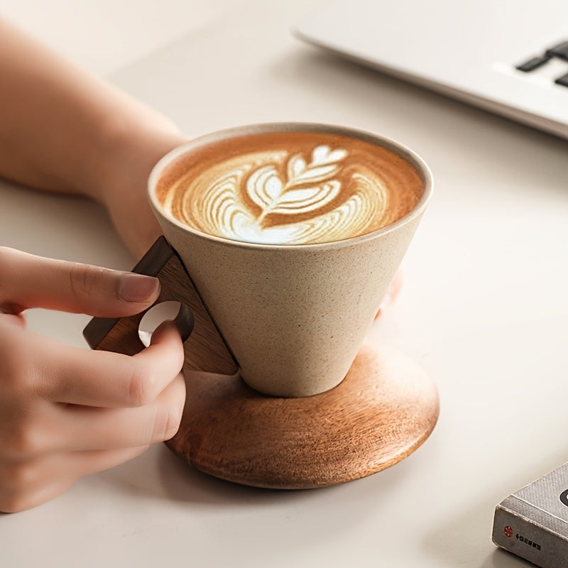 BaristaLuxe Ceramic Coffee Mug 250ml – Handcrafted with Wooden Handle and Saucer