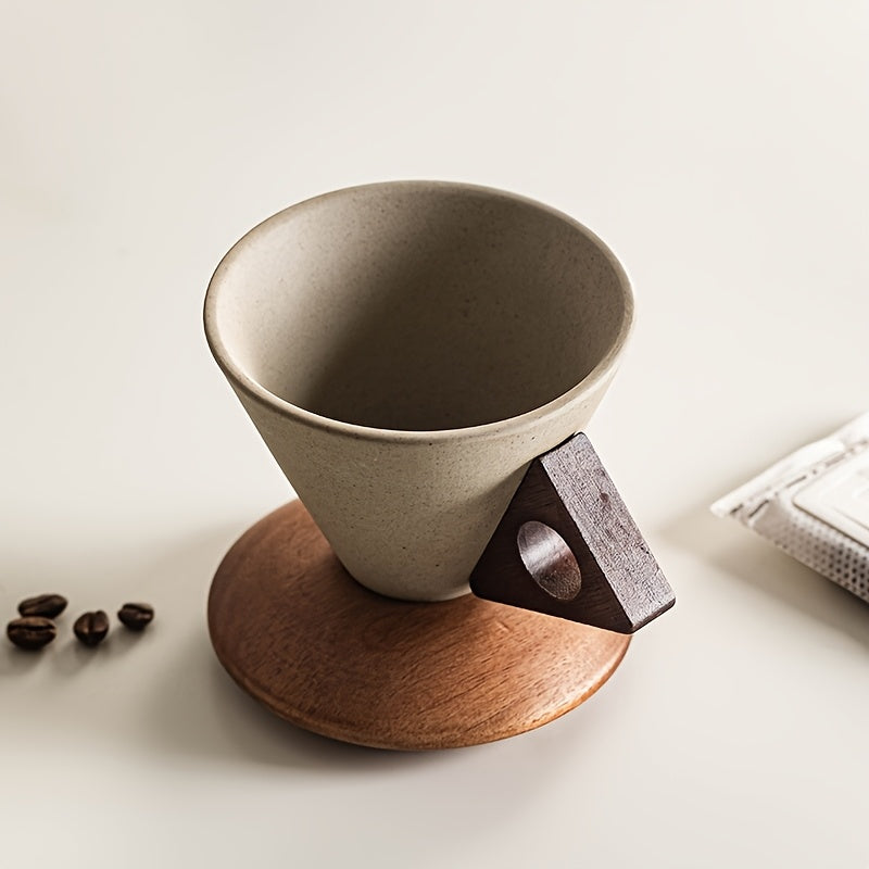 BaristaLuxe Ceramic Coffee Cup 250ml – Handmade with Wooden Handle and Coaster