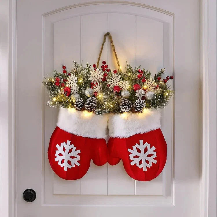Pre-lit Christmas wreath in mitten shape – 120 LEDs with timer function