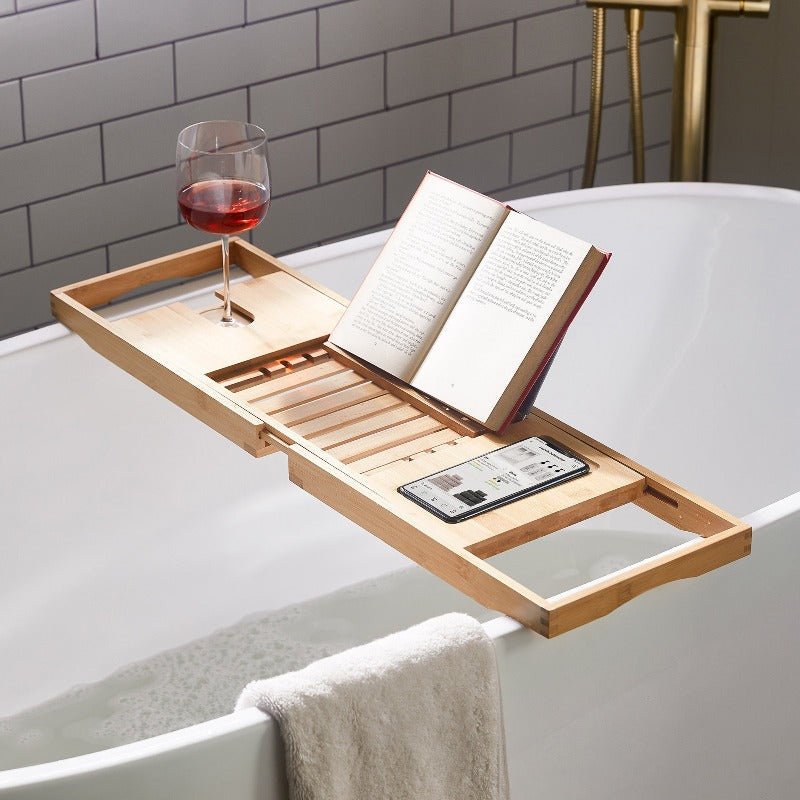 Aurevo Bamboo Bath Caddy | Extendable luxury bathtub tray with wine glass & book holder
