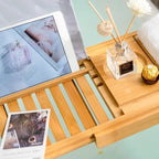 Aurevo Bamboo Bath Caddy | Extendable luxury bathtub tray with wine glass & book holder