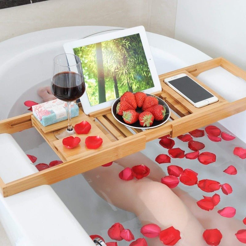Aurevo Bamboo Bath Caddy | Extendable luxury bathtub tray with wine glass & book holder