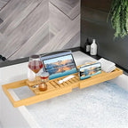 Aurevo Bamboo Bath Caddy | Extendable luxury bathtub tray with wine glass & book holder