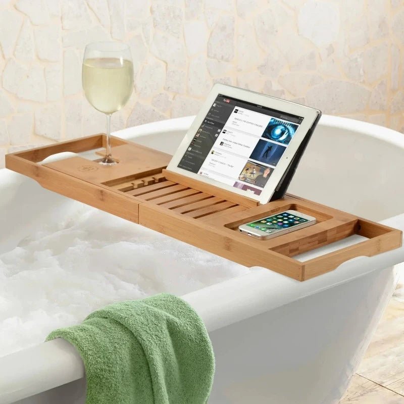 Aurevo Bamboo Bath Caddy | Extendable luxury bathtub tray with wine glass & book holder