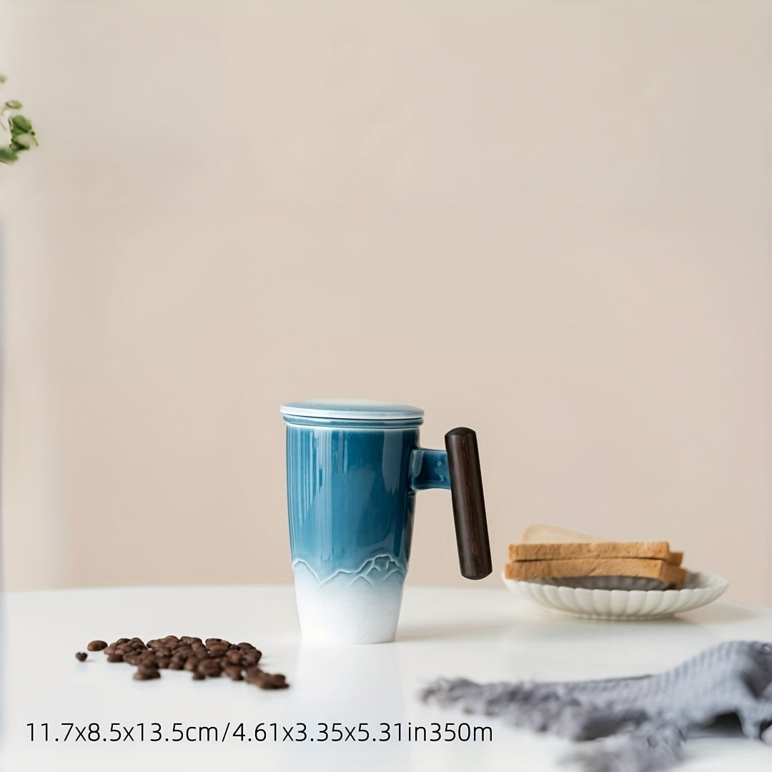 TeaCraft Ceramic Mug | Handmade | With Tea Infuser & Wooden Handle | Retro Design