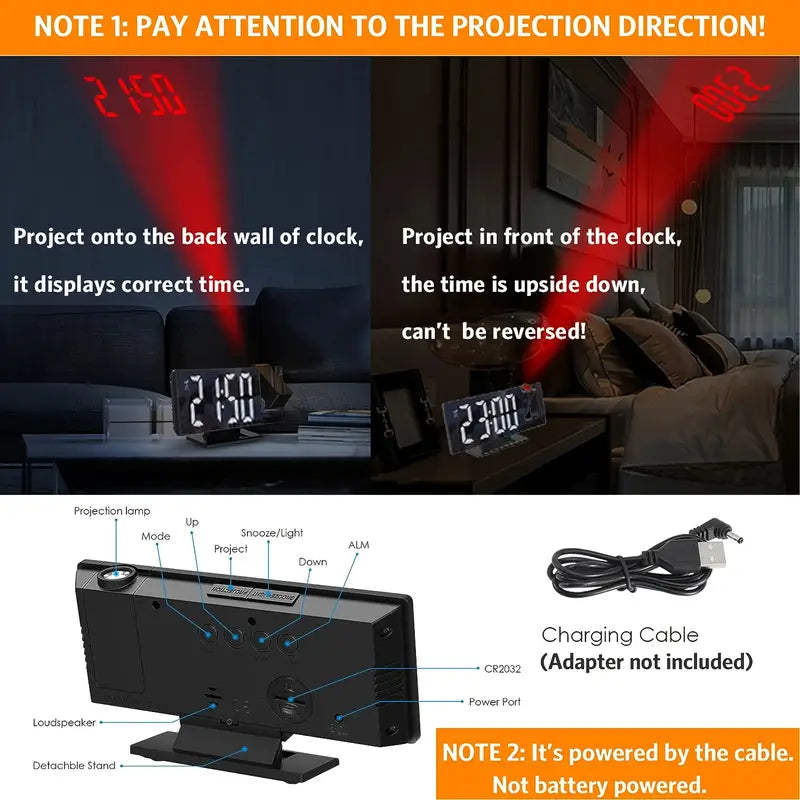 180° Adjustable LED Projection Alarm Clock – Snooze, 12/24H Time & Temperature Display, Mirror Design – USB Powered, Night Mode & Memory Function