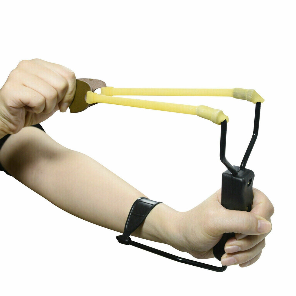 Collapsible slingshot for the wrist.