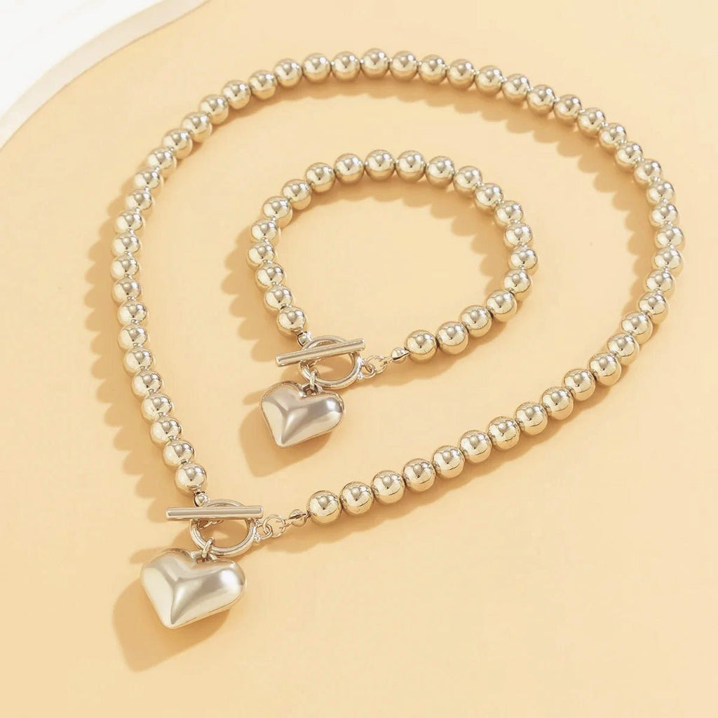2pc Beaded Heart Pendant Bracelet and Necklace Set